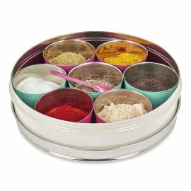 Stainless Steel Made Masala Box Spice Box Masala Dabba Container With Glass Lid 7 Compartments With 1 Spoon